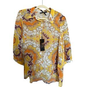 Ali & Kris Women’s 2X Baroque Print Button-Down Shirt Blouse Long Sleeve Gold Ch
